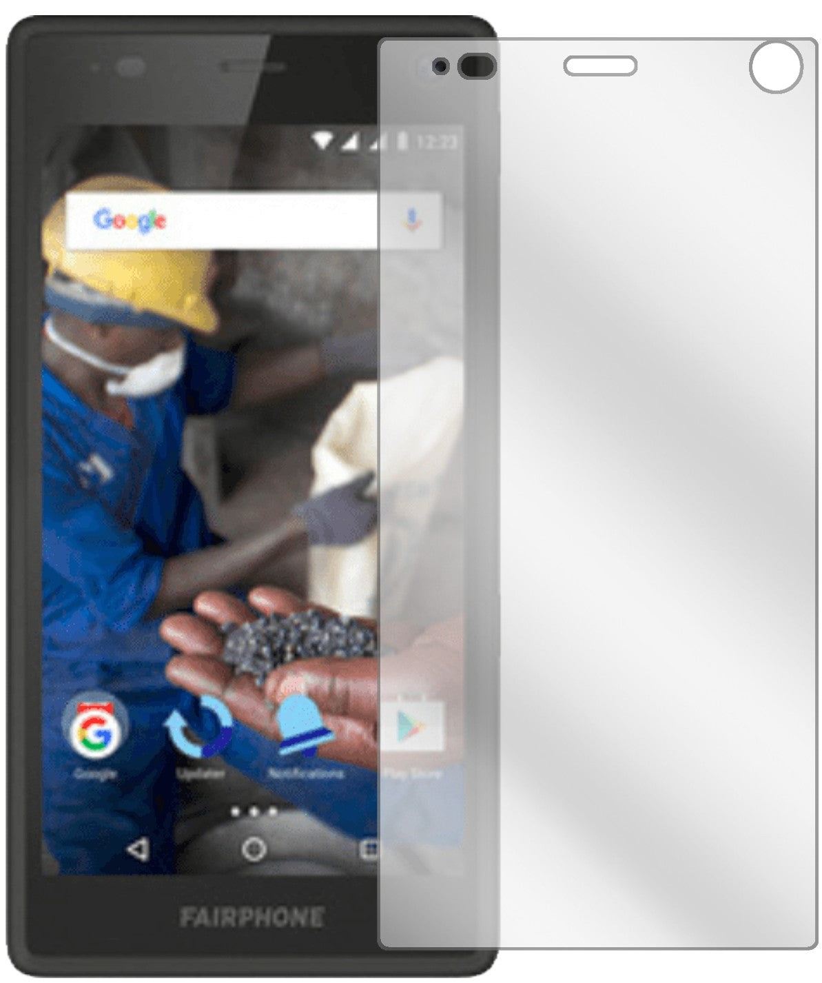 Fairphone2 mit aufgebrachter dipos Displayschutzfolie, glasklare Darstellung ohne Einschränkungen
