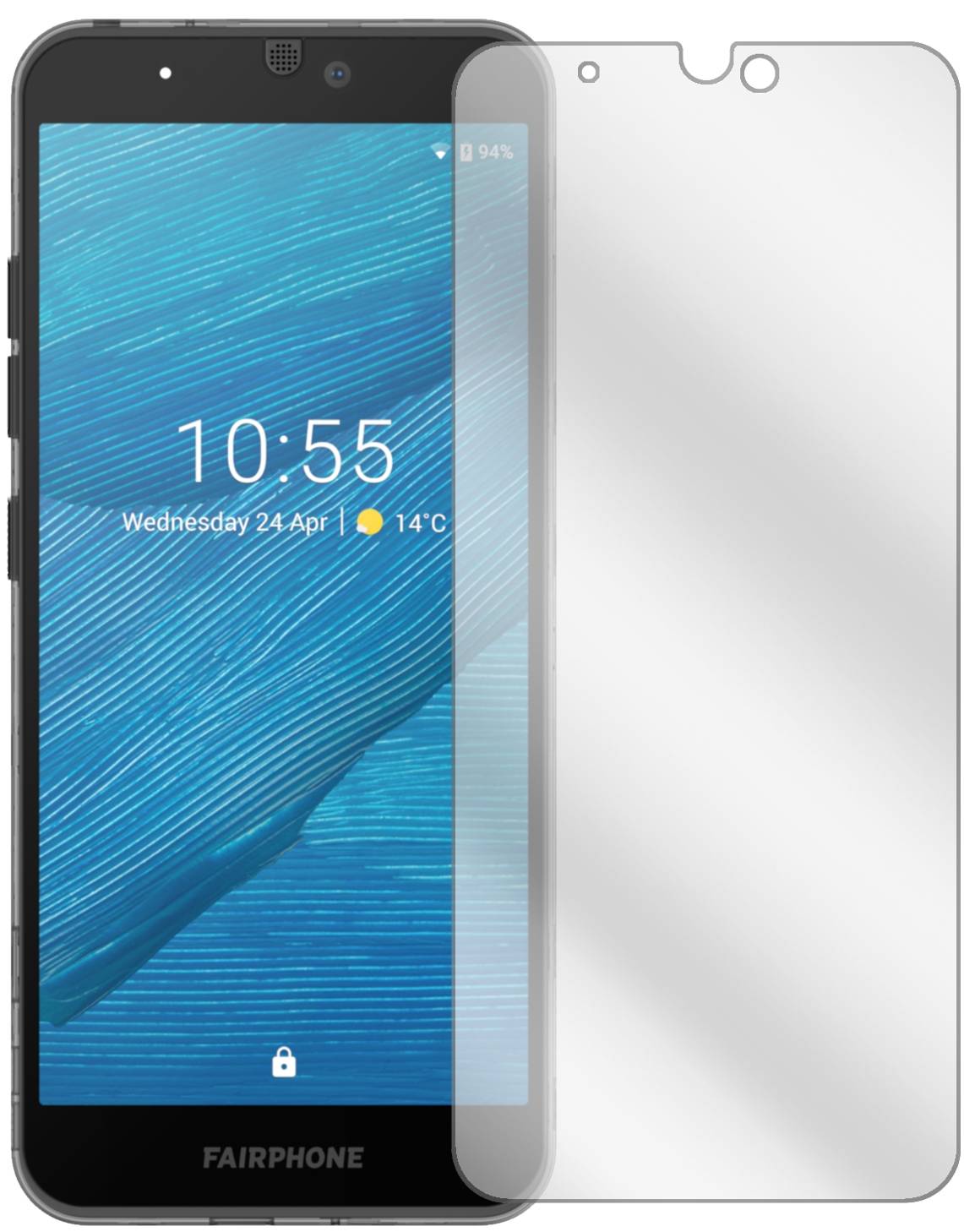 Fairphone3 Plus mit aufgebrachter dipos Displayschutzfolie, glasklare Darstellung ohne Einschränkungen