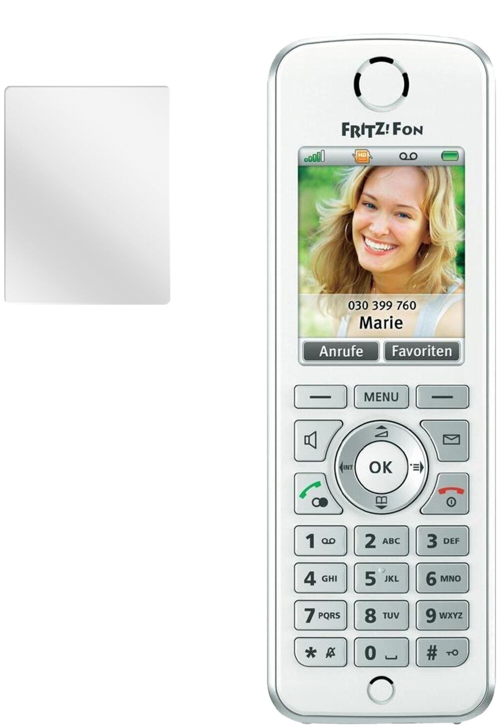 Fritz!Fon C4AVM mit aufgebrachter dipos Displayschutzfolie, glasklare Darstellung ohne Einschränkungen