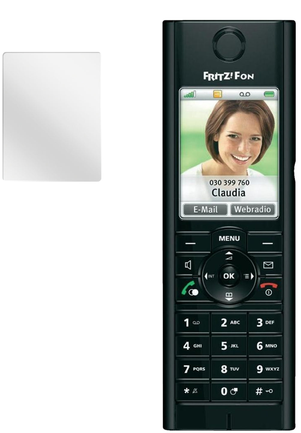 Fritz!Fon MT-FAVM mit aufgebrachter dipos Displayschutzfolie, glasklare Darstellung ohne Einschränkungen