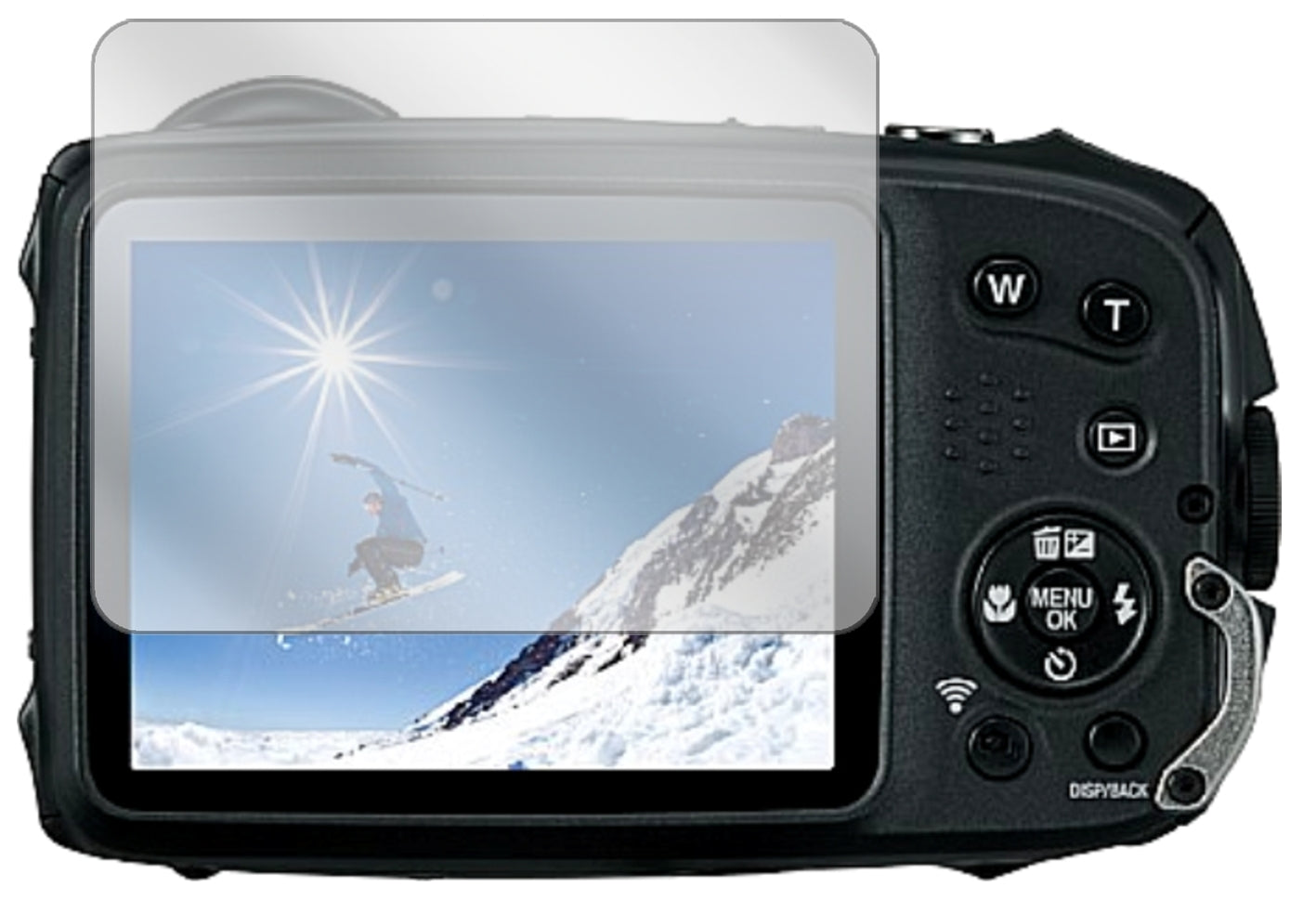 FujifilmFinePix XP120 mit aufgebrachter dipos Displayschutzfolie, glasklare Darstellung ohne Einschränkungen