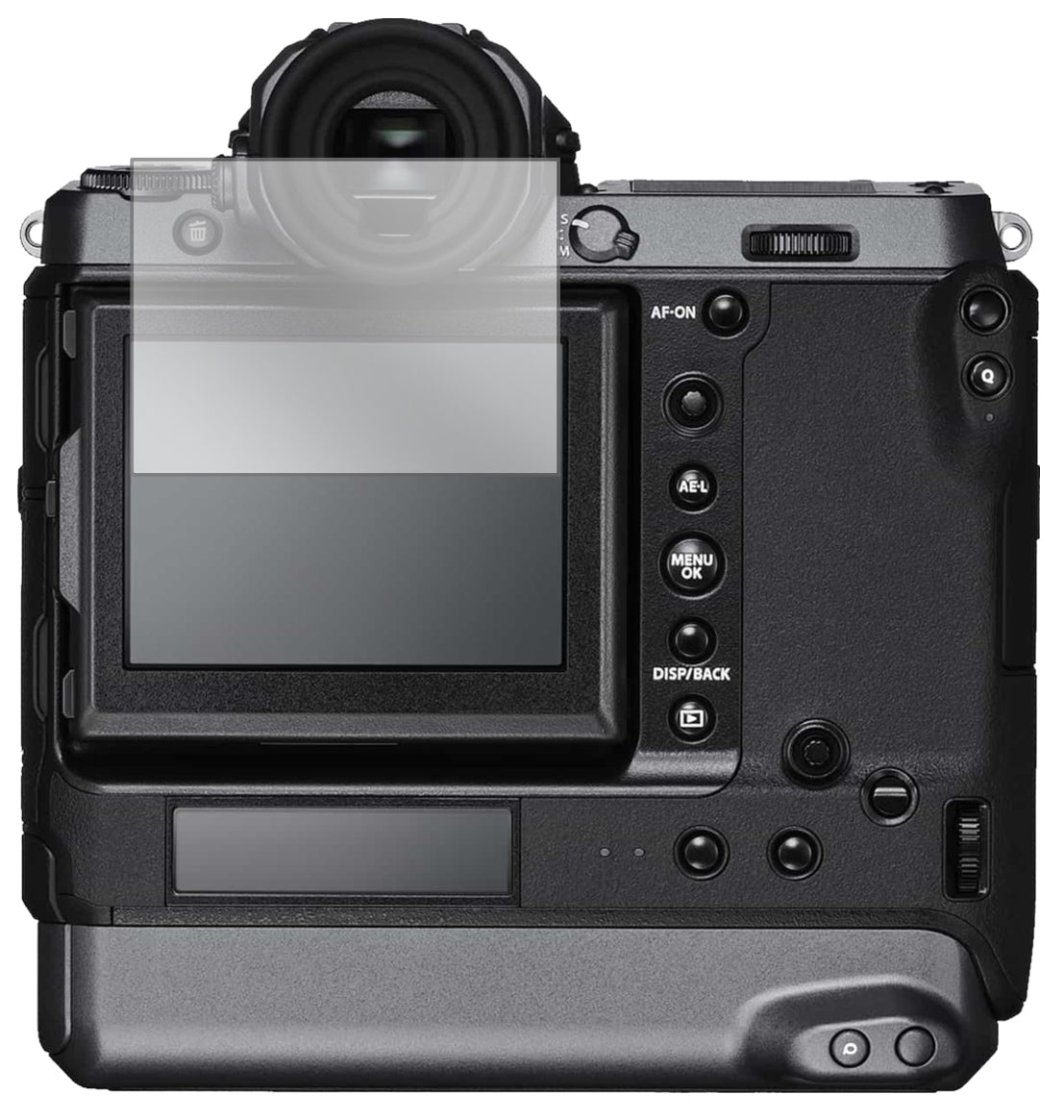 FujifilmGFX100 mit aufgebrachter dipos Displayschutzfolie, glasklare Darstellung ohne Einschränkungen