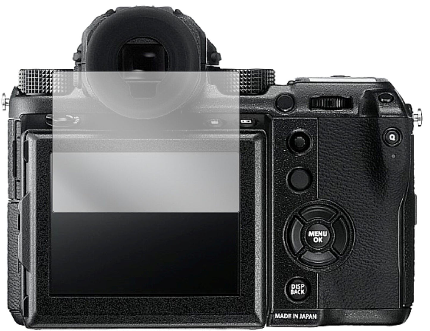 FujifilmGXF 50S mit aufgebrachter dipos Displayschutzfolie, glasklare Darstellung ohne Einschränkungen