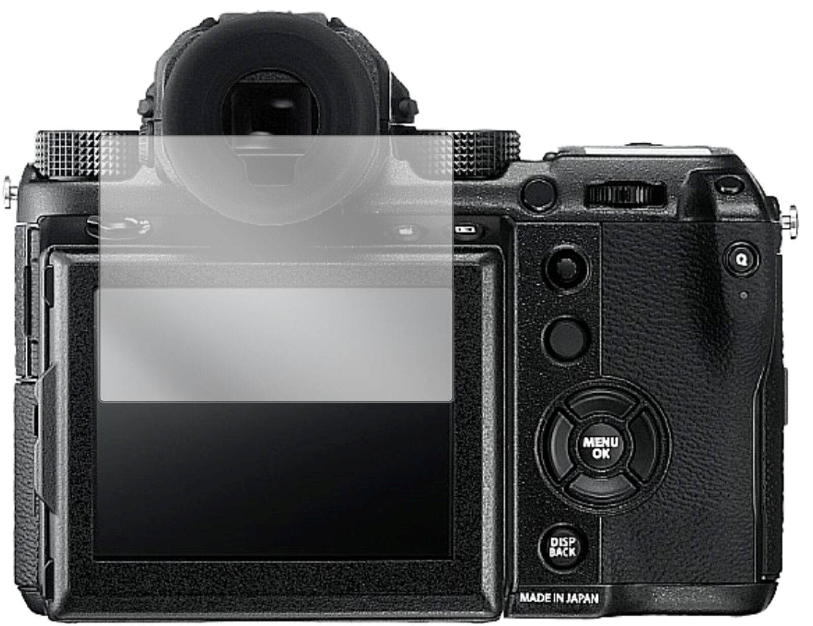 FujifilmGXF 50S mit aufgebrachter dipos Displayschutzfolie, glasklare Darstellung ohne Einschränkungen