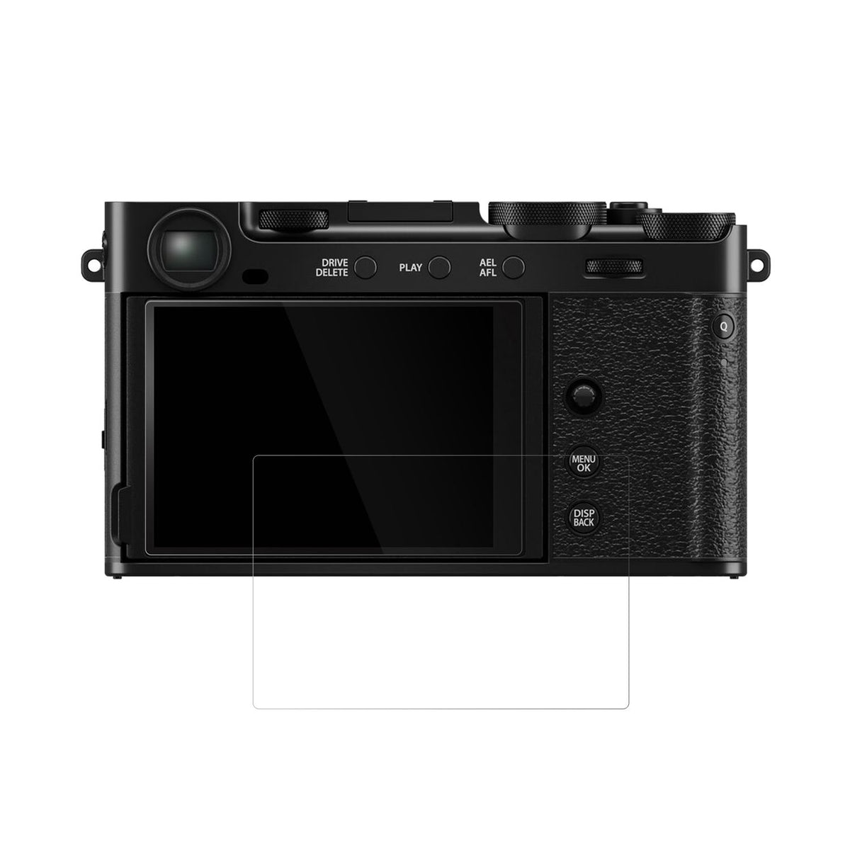 FujifilmX-E5 mit aufgebrachter dipos Displayschutzfolie, glasklare Darstellung ohne Einschränkungen