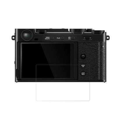 FujifilmX-E5 mit aufgebrachter dipos Displayschutzfolie, glasklare Darstellung ohne Einschränkungen