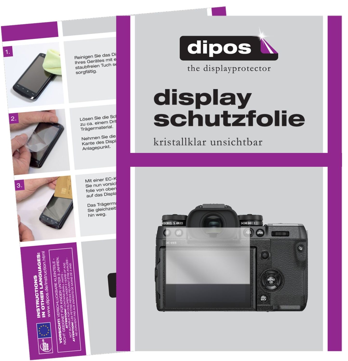 FujifilmX-H1 mit aufgebrachter dipos Displayschutzfolie, glasklare Darstellung ohne Einschränkungen