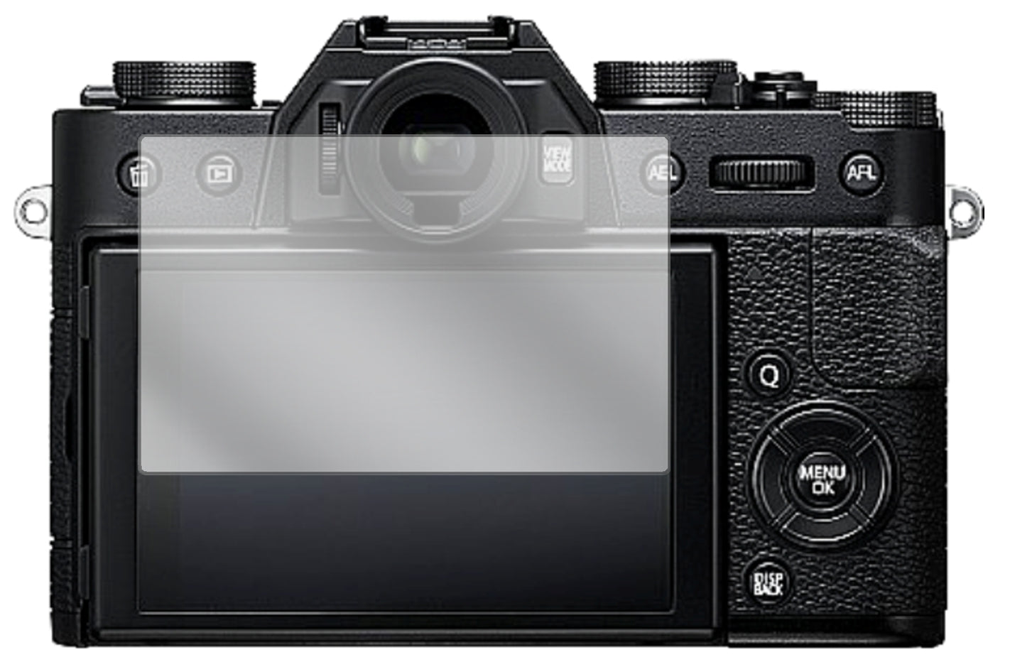 FujifilmX-T20 mit aufgebrachter dipos Displayschutzfolie, glasklare Darstellung ohne Einschränkungen