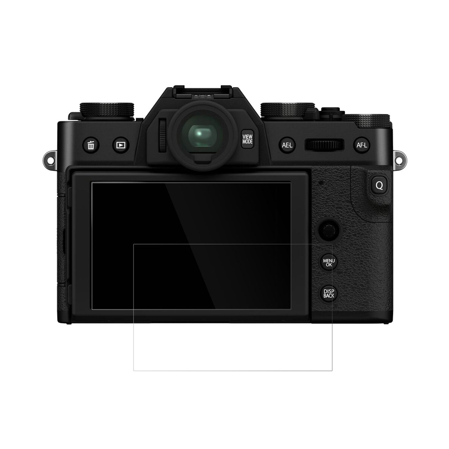FujifilmX-T30 II mit aufgebrachter dipos Displayschutzfolie, glasklare Darstellung ohne Einschränkungen