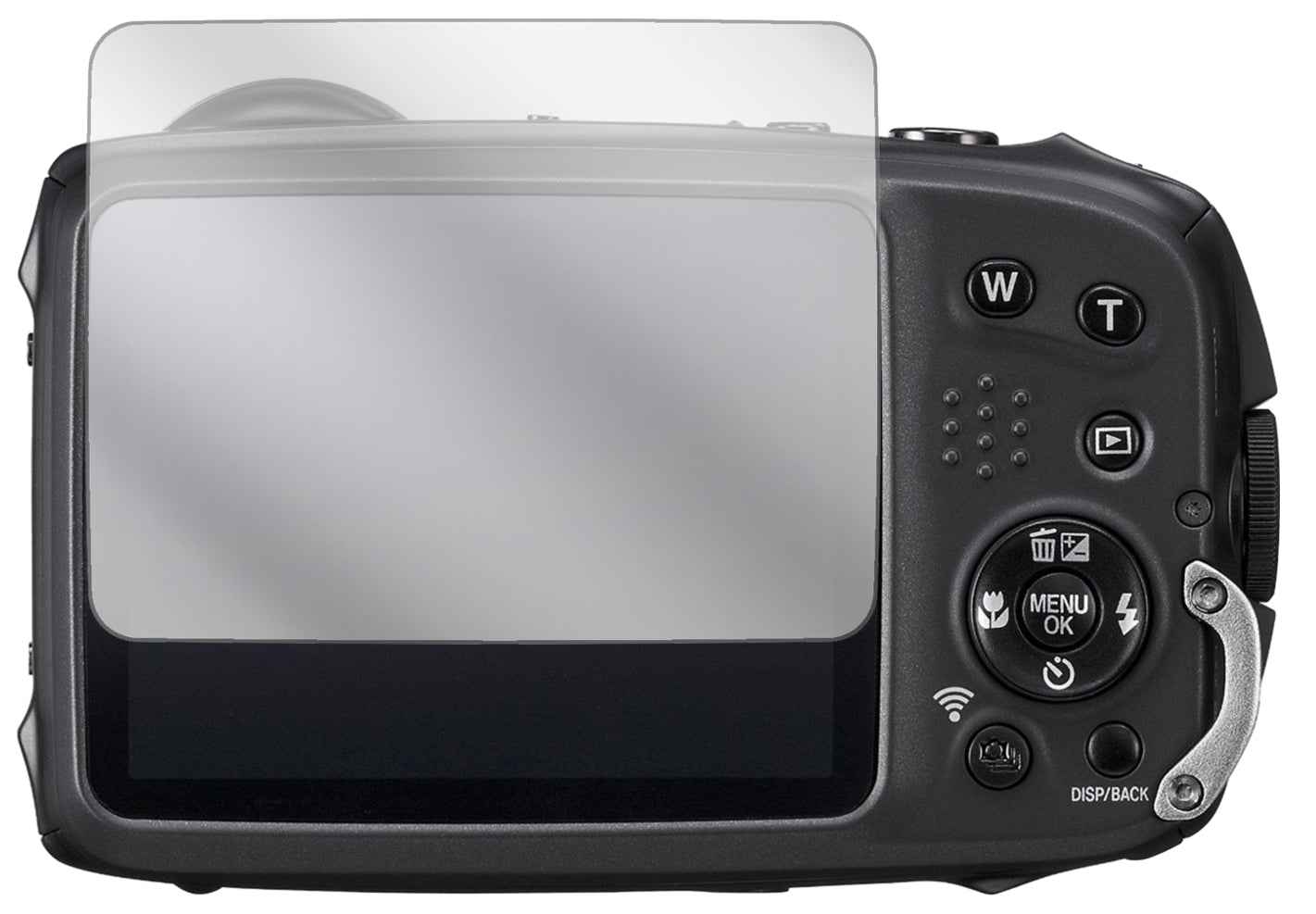 FujifilmXP90 Kompaktkamera mit aufgebrachter dipos Displayschutzfolie, glasklare Darstellung ohne Einschränkungen