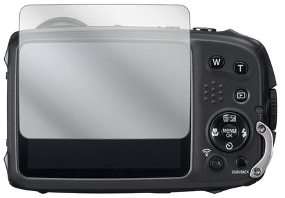 FujifilmXP90 Kompaktkamera mit aufgebrachter dipos Displayschutzfolie, glasklare Darstellung ohne Einschränkungen