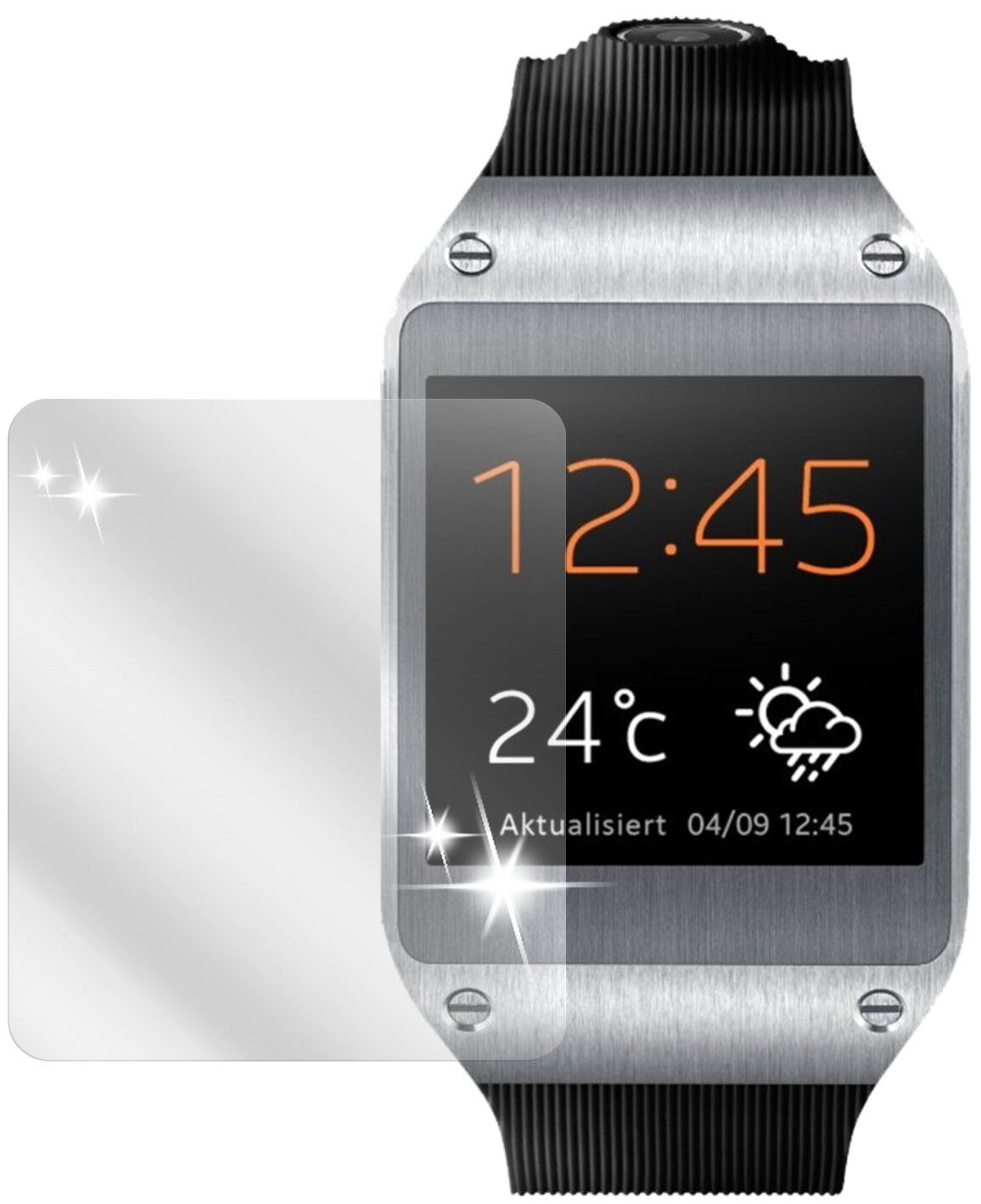 Galaxy GearSamsung mit aufgebrachter dipos Displayschutzfolie, glasklare Darstellung ohne Einschränkungen