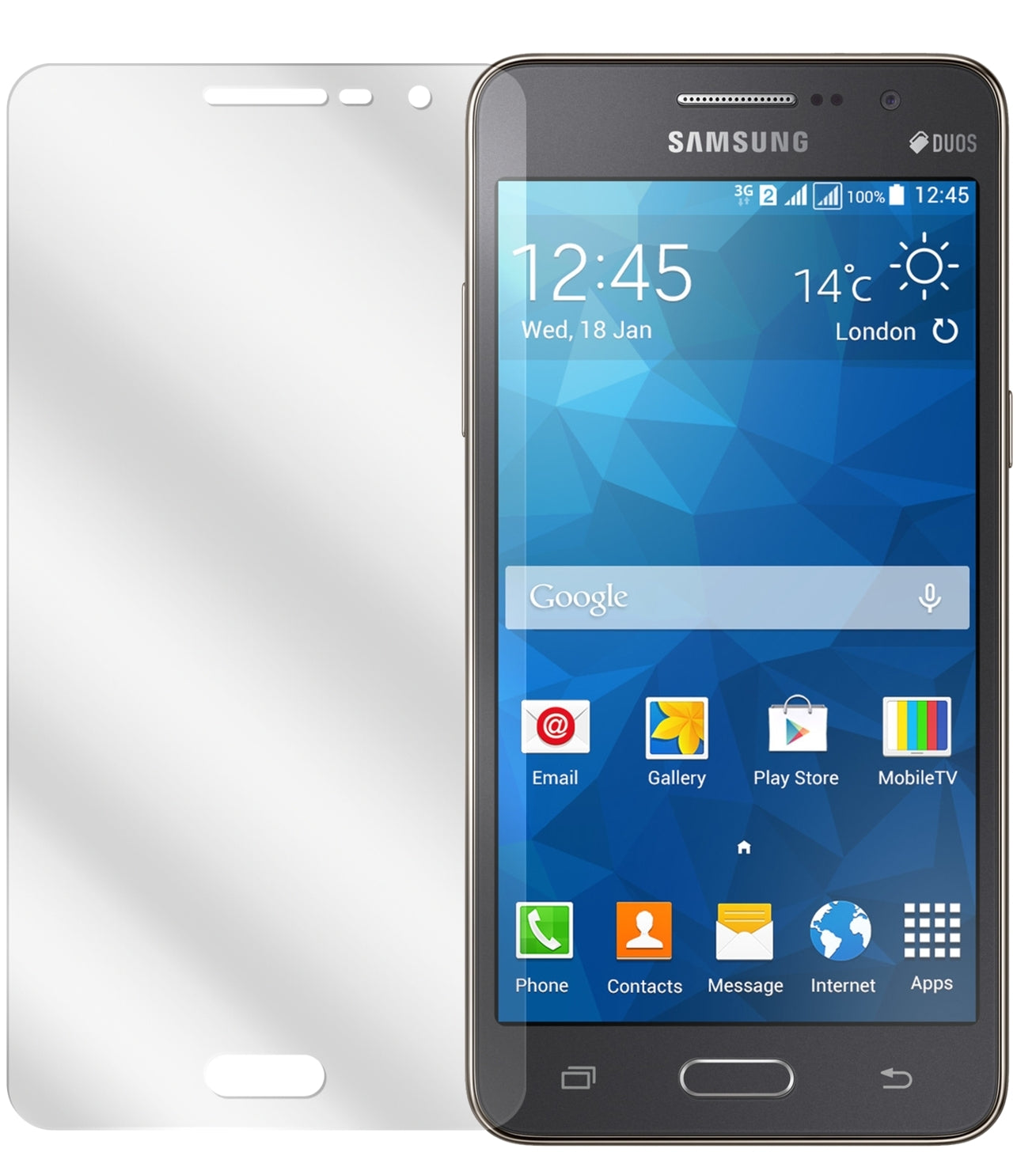 Galaxy Grand PrimeSamsung mit aufgebrachter dipos Displayschutzfolie, glasklare Darstellung ohne Einschränkungen