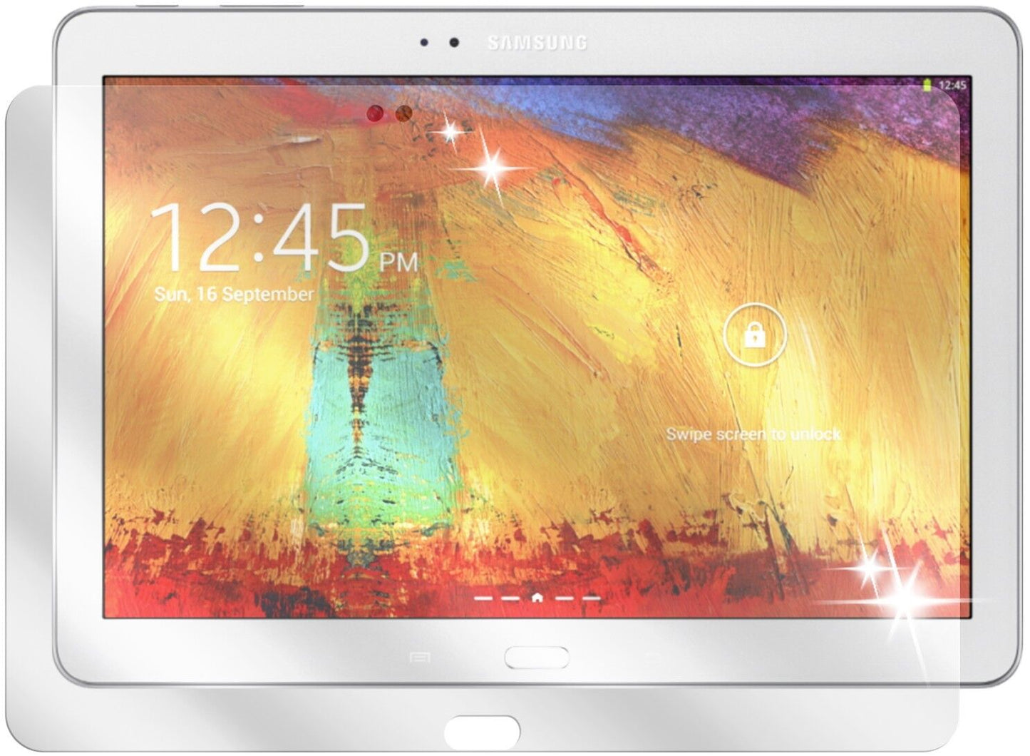 Galaxy Note 10.1 (2014 Edition)Samsung mit aufgebrachter dipos Displayschutzfolie, glasklare Darstellung ohne Einschränkungen