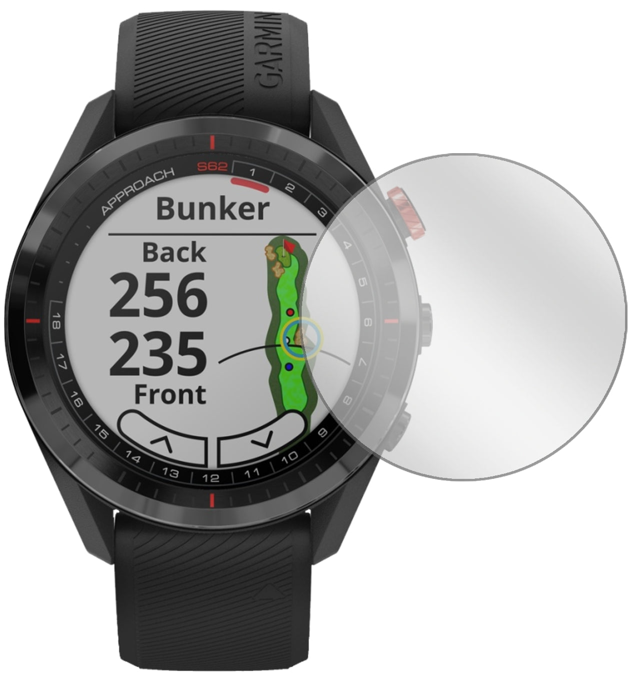 GarminApproach S62 mit aufgebrachter dipos Displayschutzfolie, glasklare Darstellung ohne Einschränkungen