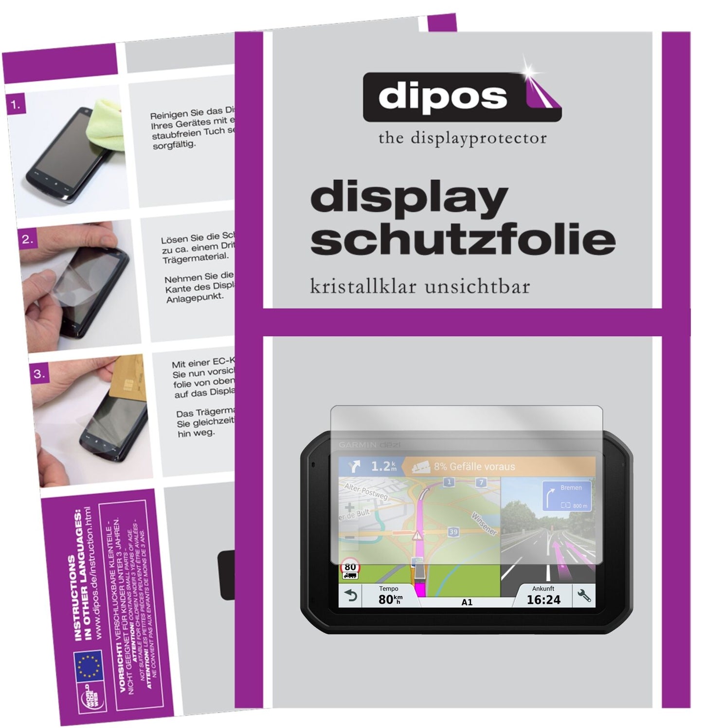 GarminDezlcam 785 LMT-D EU mit aufgebrachter dipos Displayschutzfolie, glasklare Darstellung ohne Einschränkungen