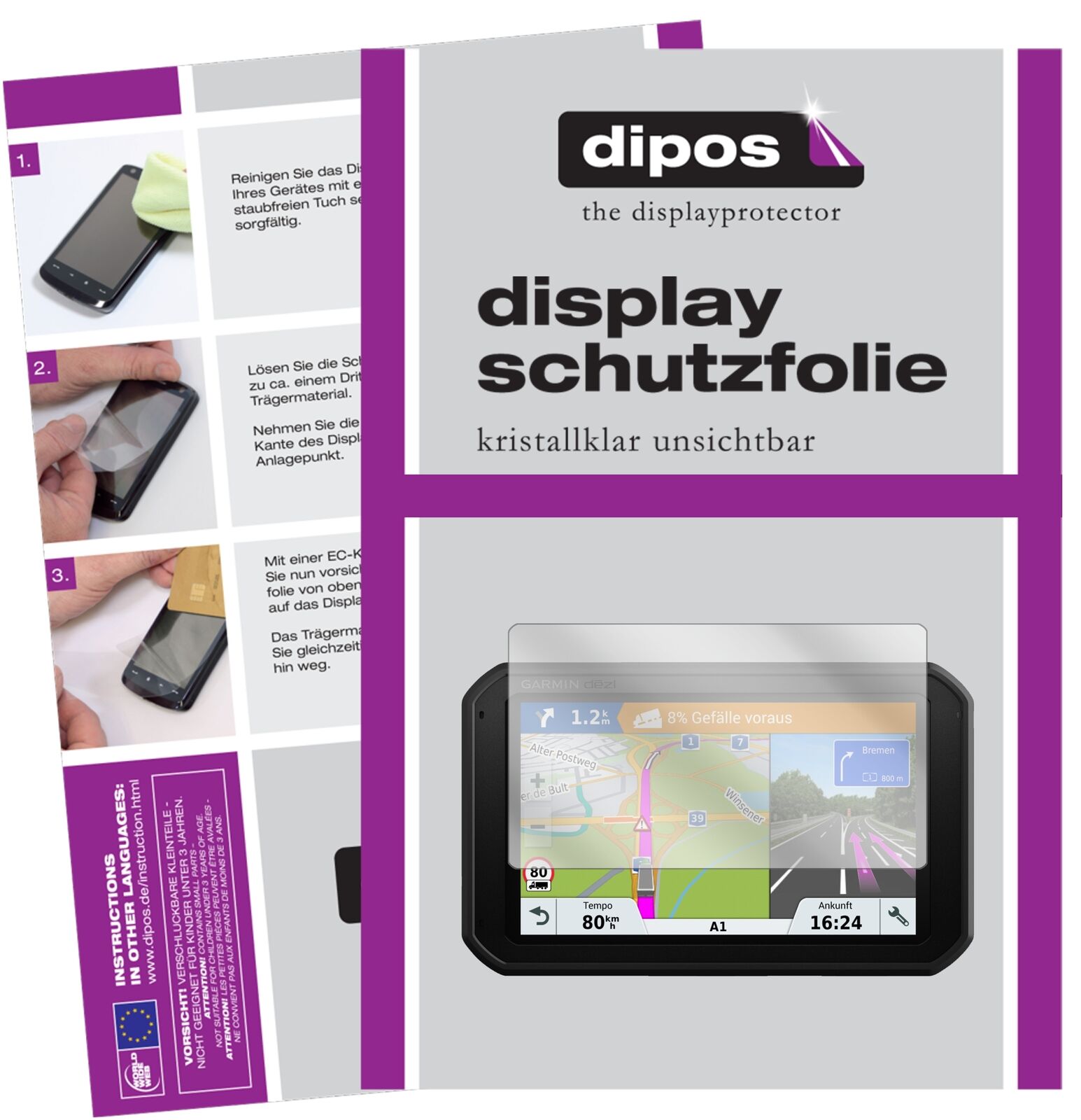 GarminDezlcam 785 LMT-D EU mit aufgebrachter dipos Displayschutzfolie, glasklare Darstellung ohne Einschränkungen