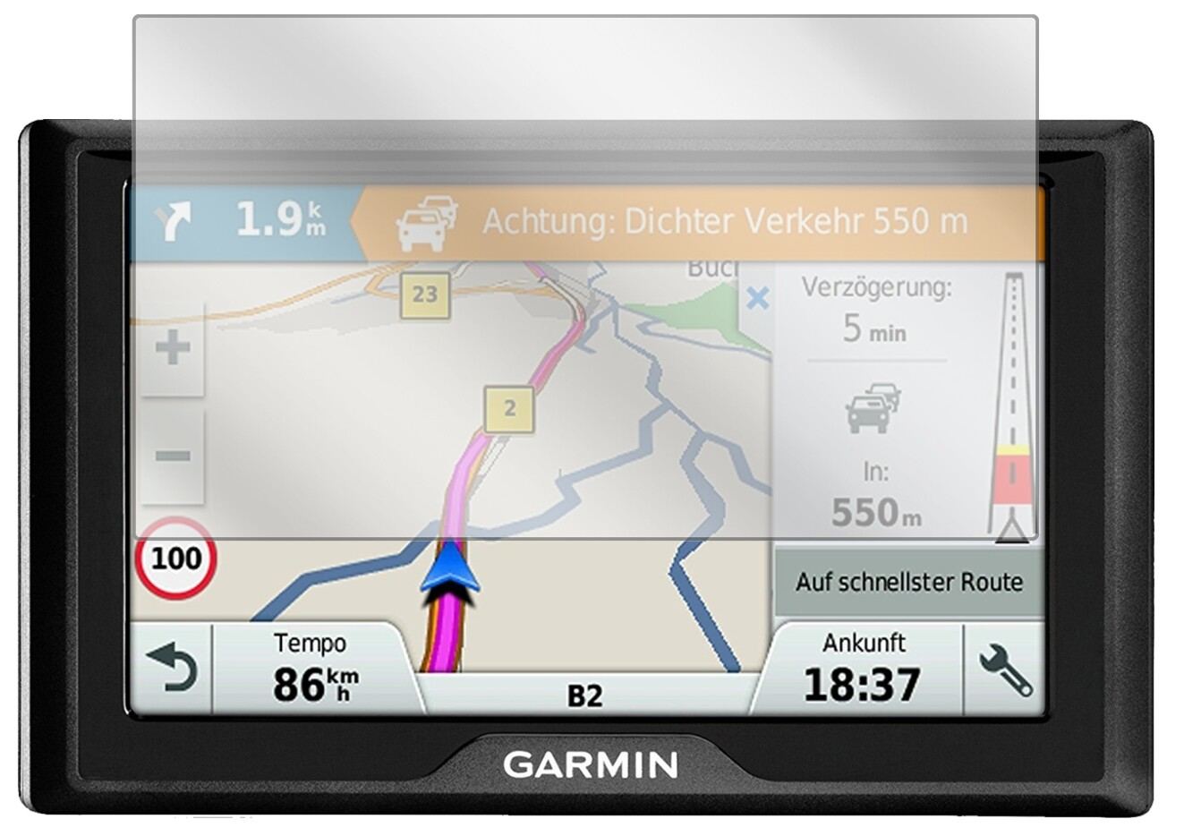 GarminDrive 5 MT-S EU mit aufgebrachter dipos Displayschutzfolie, glasklare Darstellung ohne Einschränkungen
