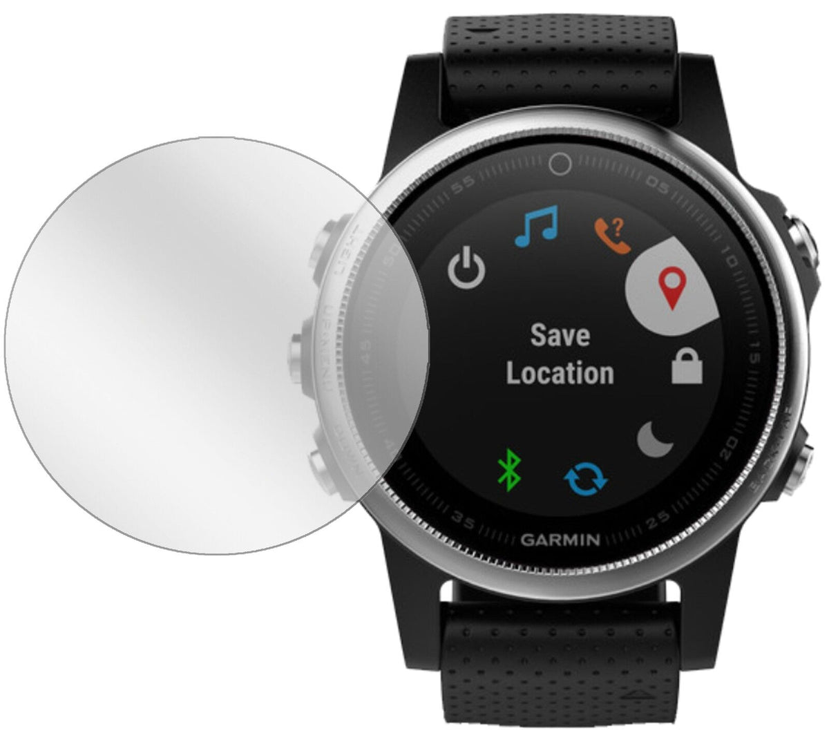 GarminFenix 5S mit aufgebrachter dipos Displayschutzfolie, glasklare Darstellung ohne Einschränkungen