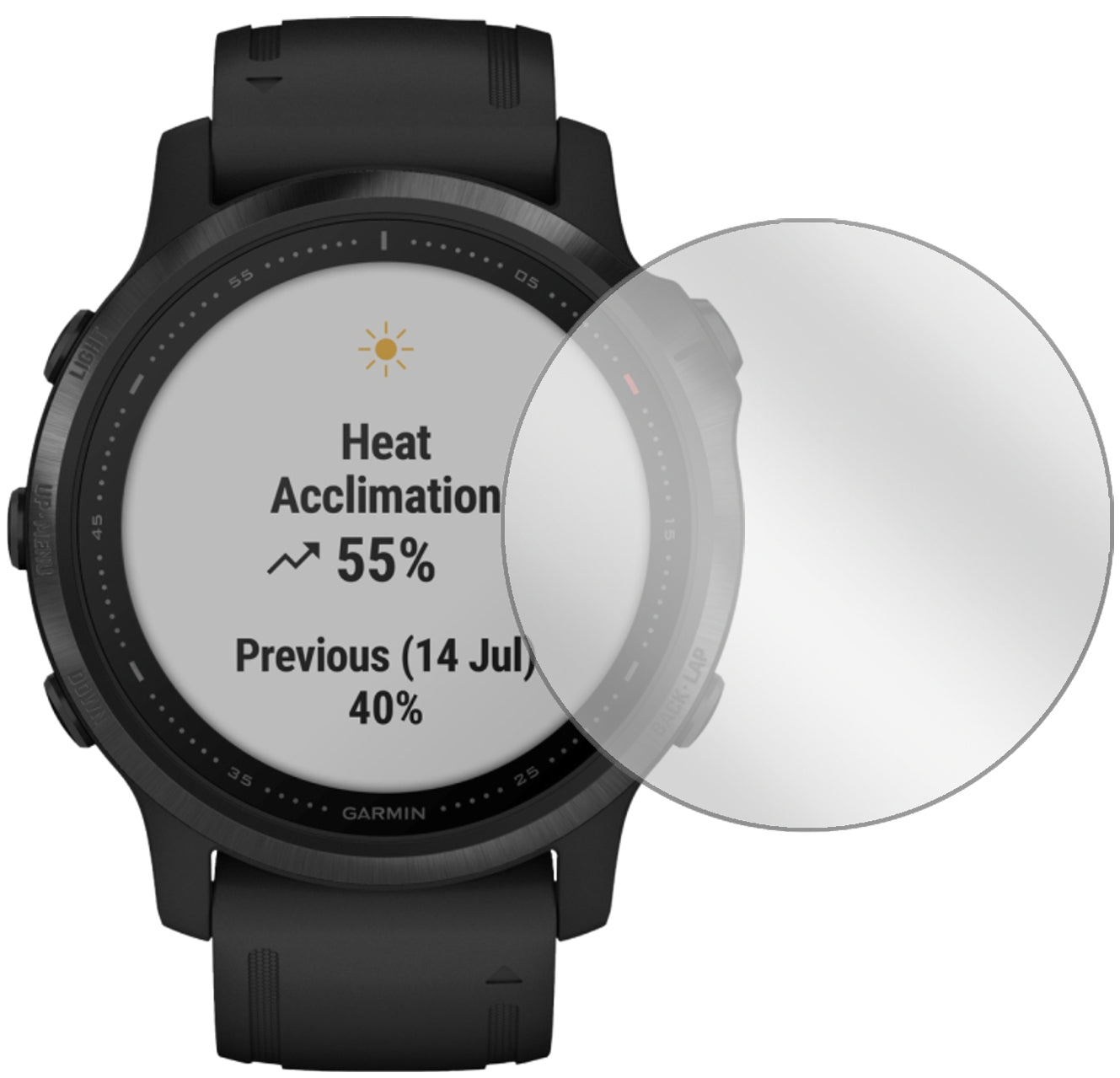 Garminfenix 6S Pro mit aufgebrachter dipos Displayschutzfolie, glasklare Darstellung ohne Einschränkungen