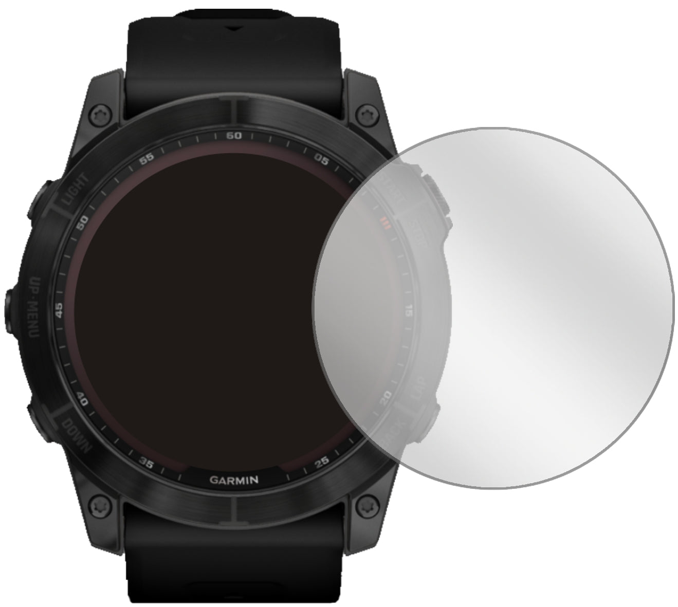 GarminFenix 7 (47 mm) mit aufgebrachter dipos Displayschutzfolie, glasklare Darstellung ohne Einschränkungen