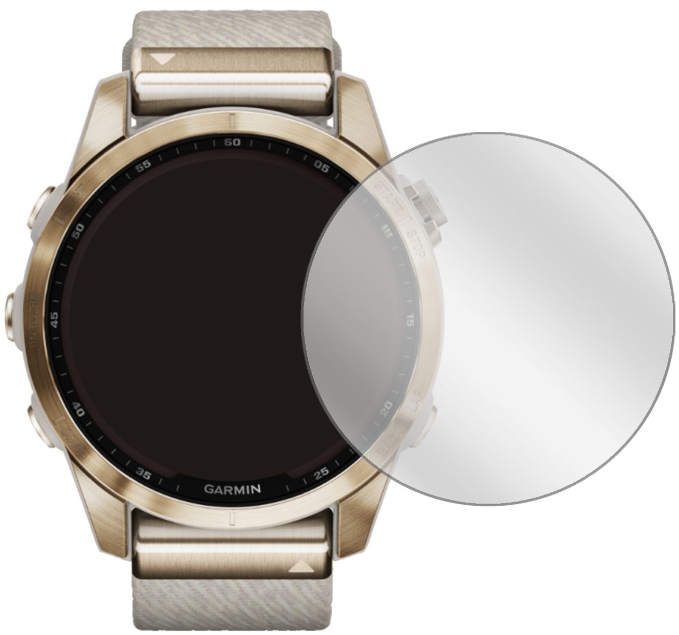 GarminFenix 7S (42 mm) mit aufgebrachter dipos Displayschutzfolie, glasklare Darstellung ohne Einschränkungen