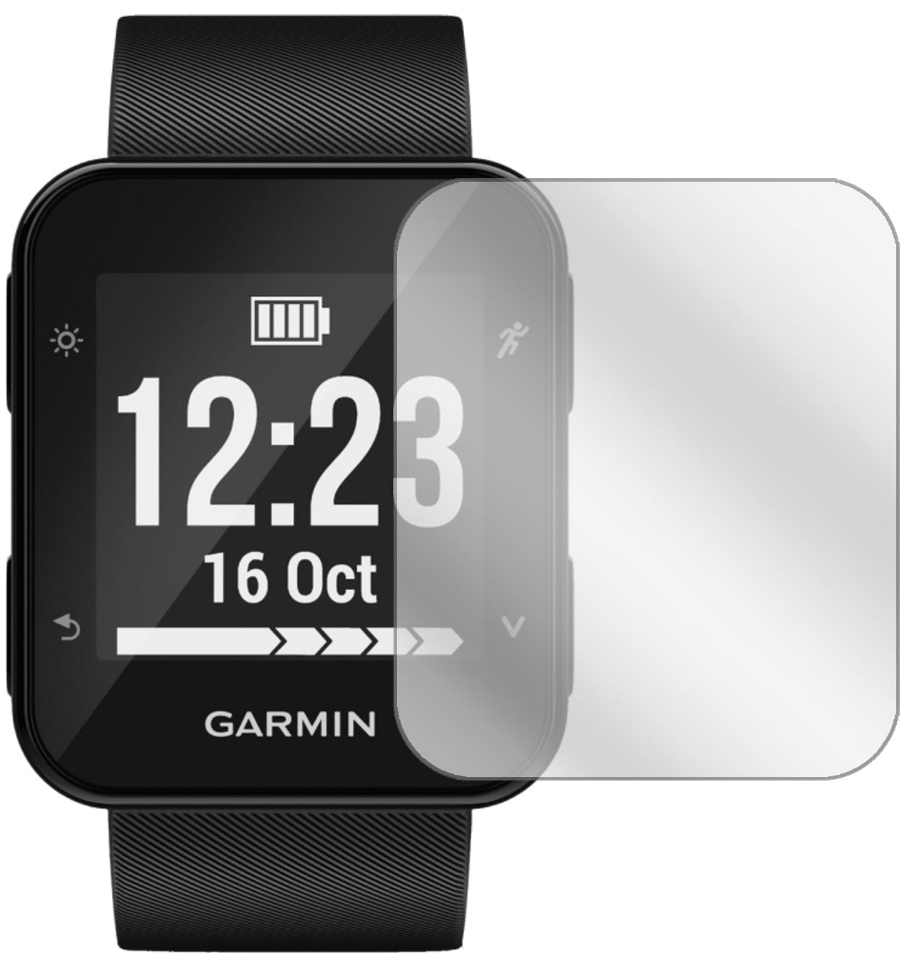 GarminForerunner 35 mit aufgebrachter dipos Displayschutzfolie, glasklare Darstellung ohne Einschränkungen