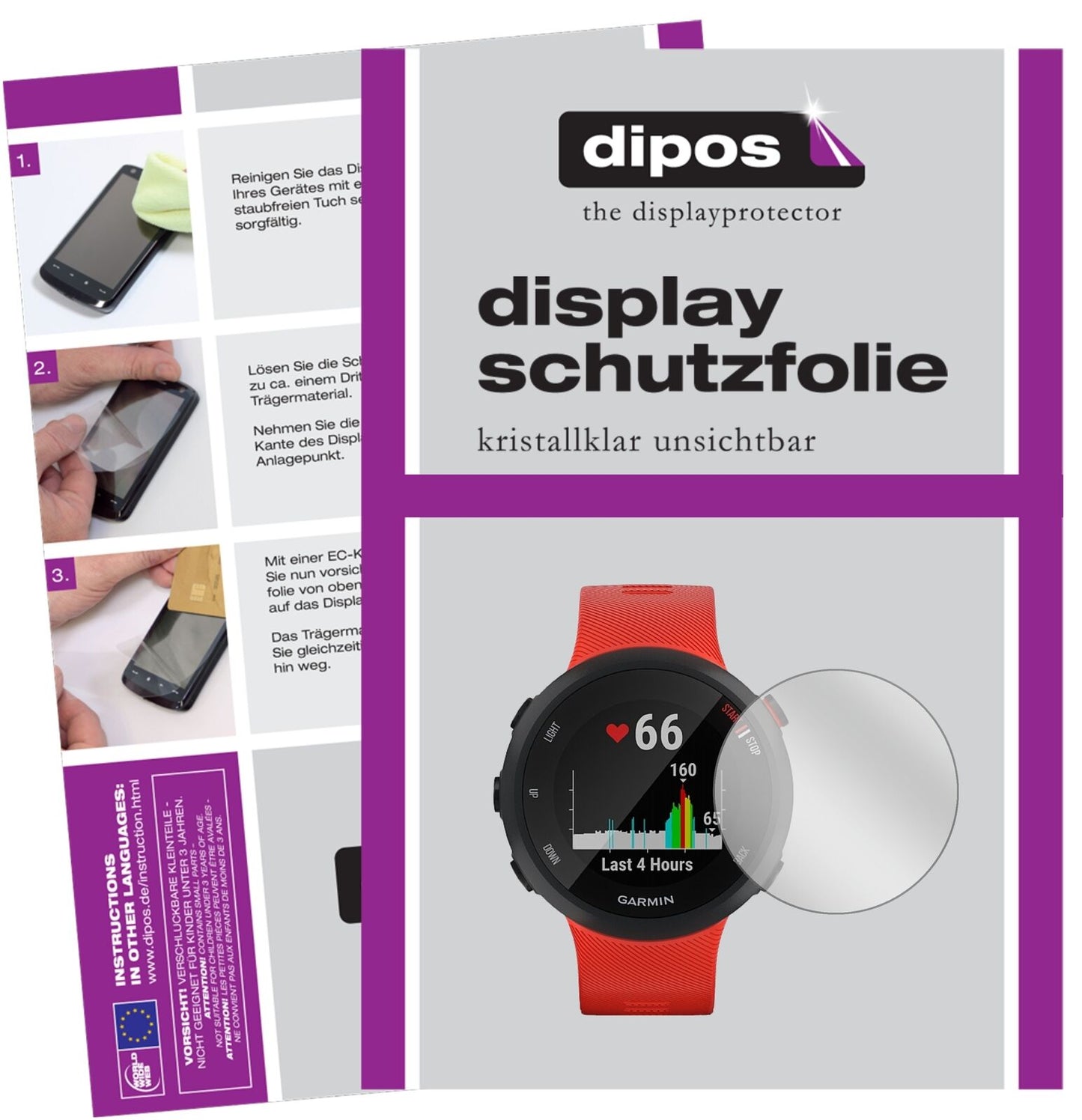 GarminForerunner 45 mit aufgebrachter dipos Displayschutzfolie, glasklare Darstellung ohne Einschränkungen