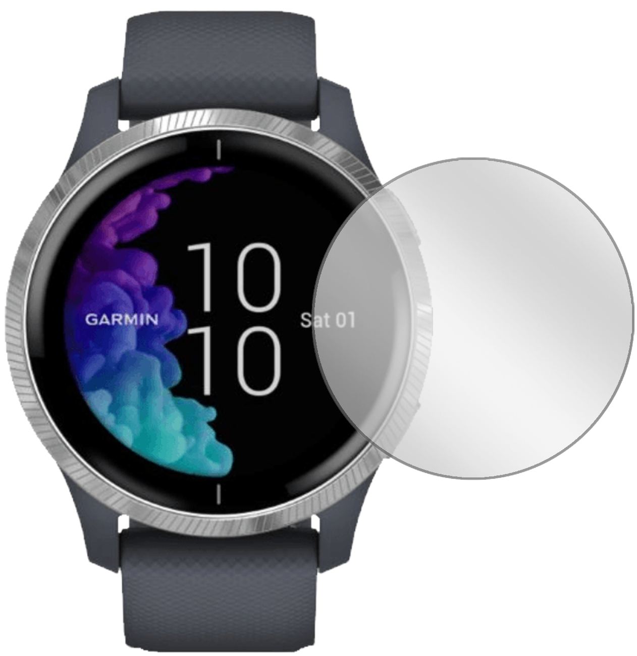 GarminVenu (43mm) mit aufgebrachter dipos Displayschutzfolie, glasklare Darstellung ohne Einschränkungen