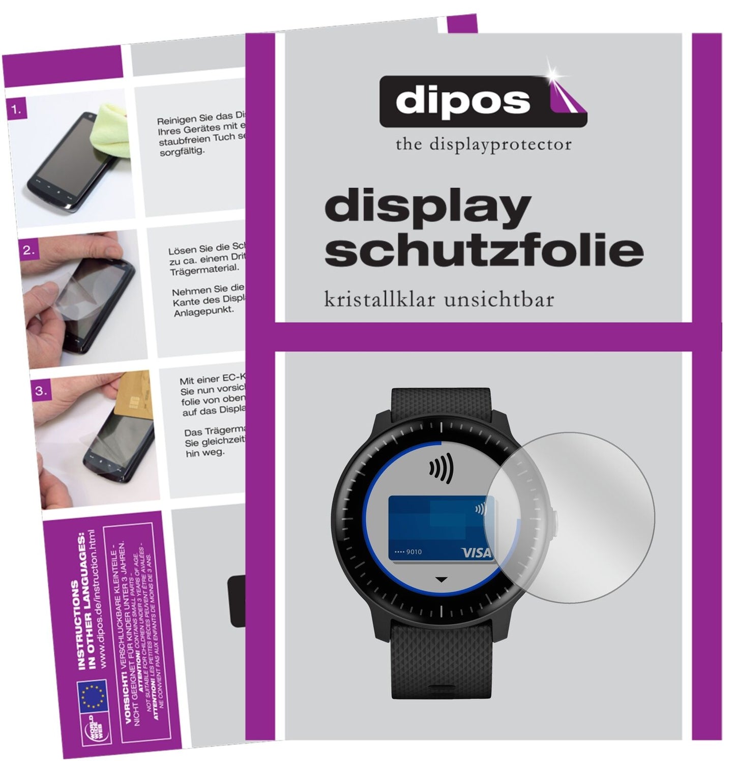 GarminVivoactive 3 Music mit aufgebrachter dipos Displayschutzfolie, glasklare Darstellung ohne Einschränkungen