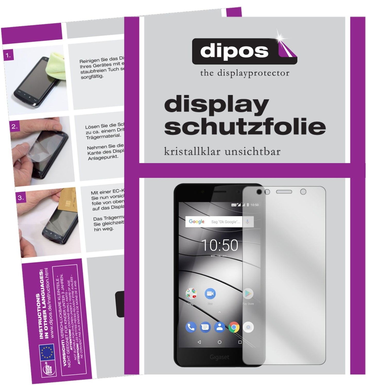 GigasetGS180 mit aufgebrachter dipos Displayschutzfolie, glasklare Darstellung ohne Einschränkungen