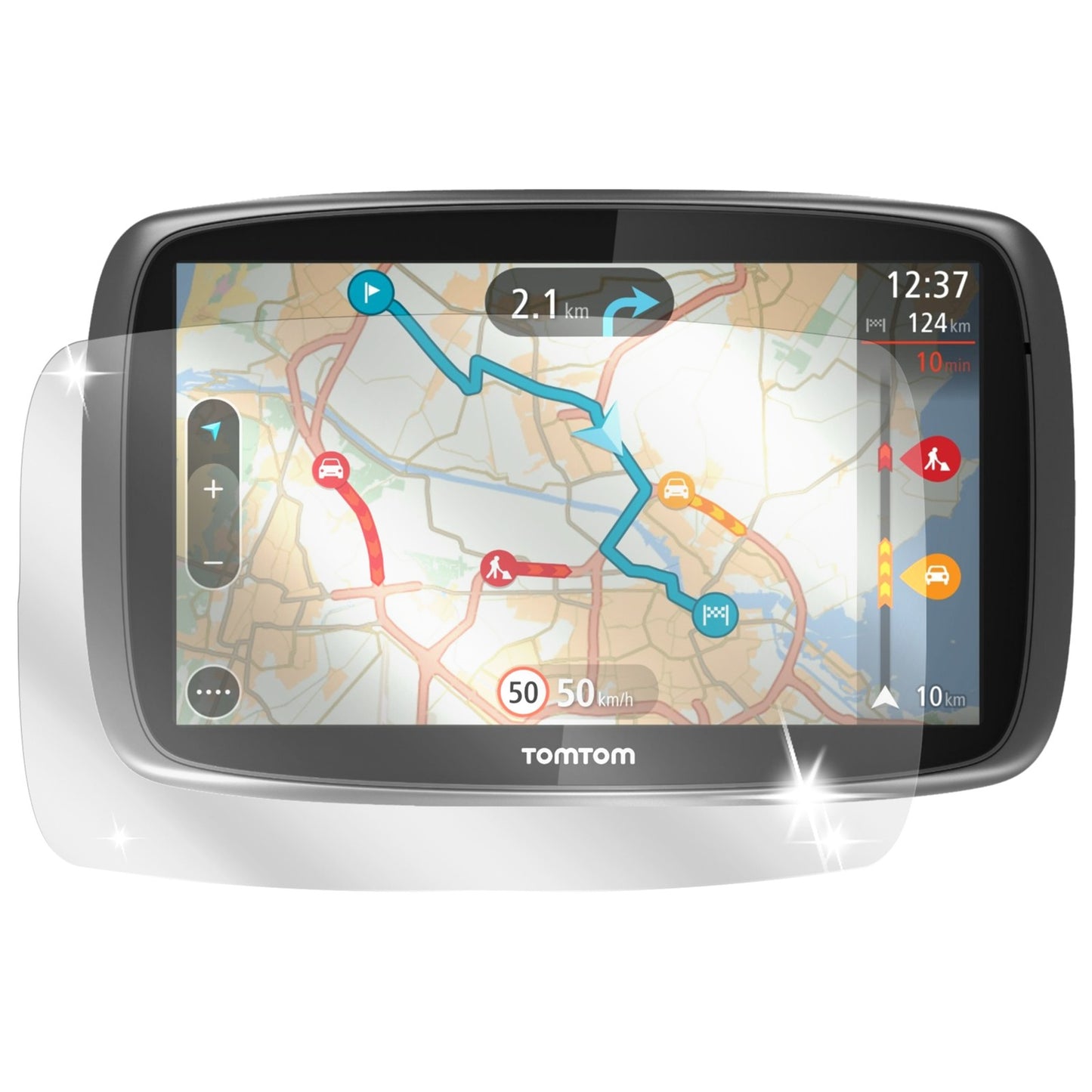 Go 500TomTom mit aufgebrachter dipos Displayschutzfolie, glasklare Darstellung ohne Einschränkungen