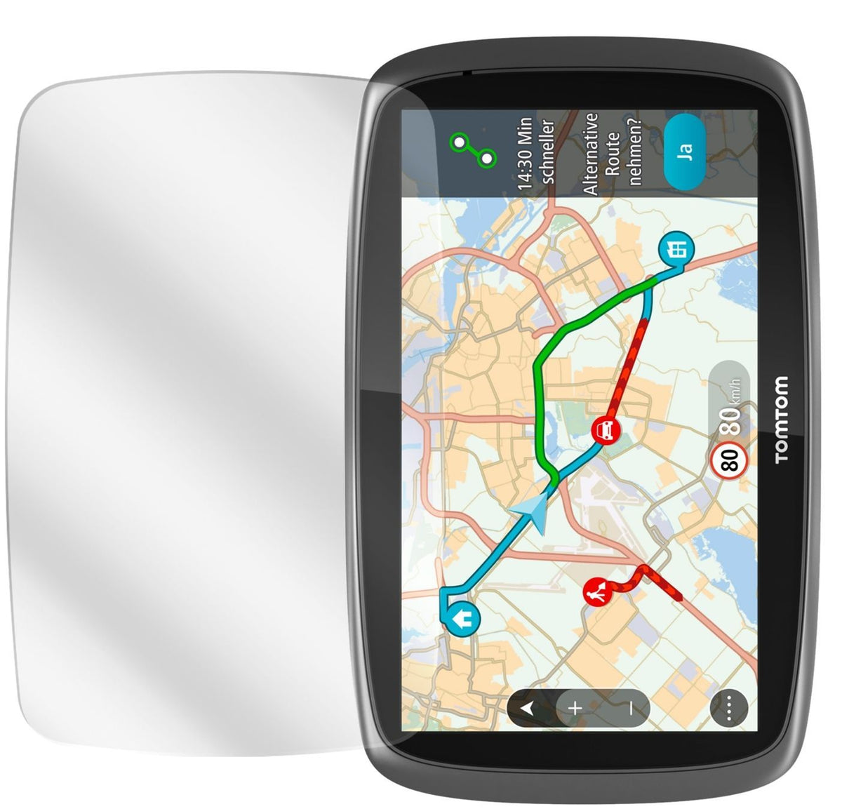 Go 5100 / 510TomTom mit aufgebrachter dipos Displayschutzfolie, glasklare Darstellung ohne Einschränkungen