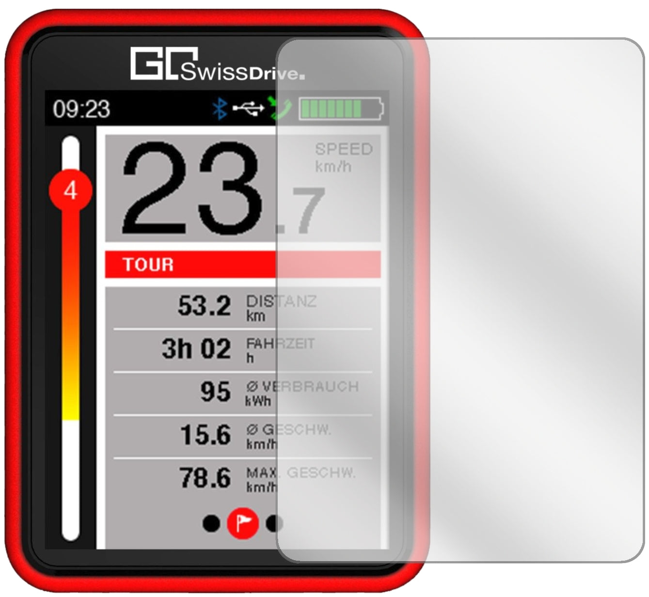 Go SwissDrive Evo (E-Bike Display) mit aufgebrachter dipos Displayschutzfolie, glasklare Darstellung ohne Einschränkungen