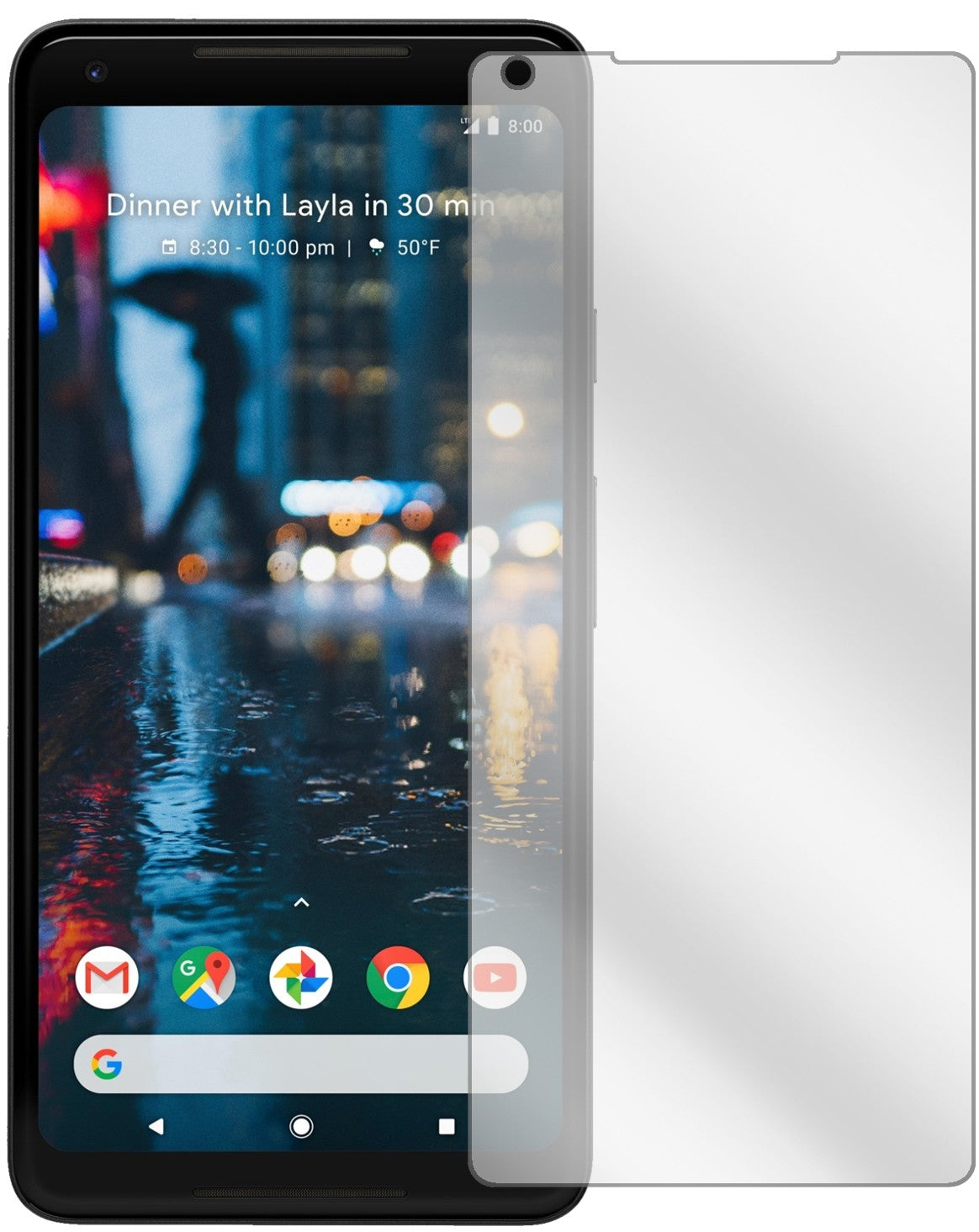GooglePixel 2 XL mit aufgebrachter dipos Displayschutzfolie, glasklare Darstellung ohne Einschränkungen