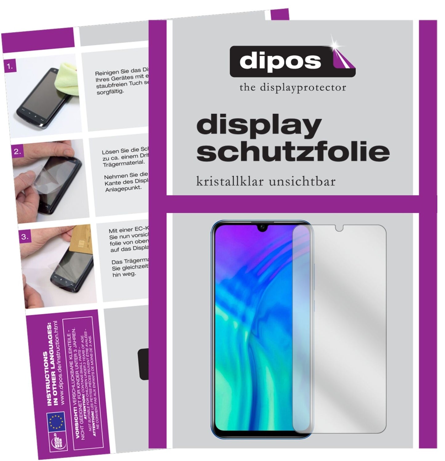 Honor20i mit aufgebrachter dipos Displayschutzfolie, glasklare Darstellung ohne Einschränkungen