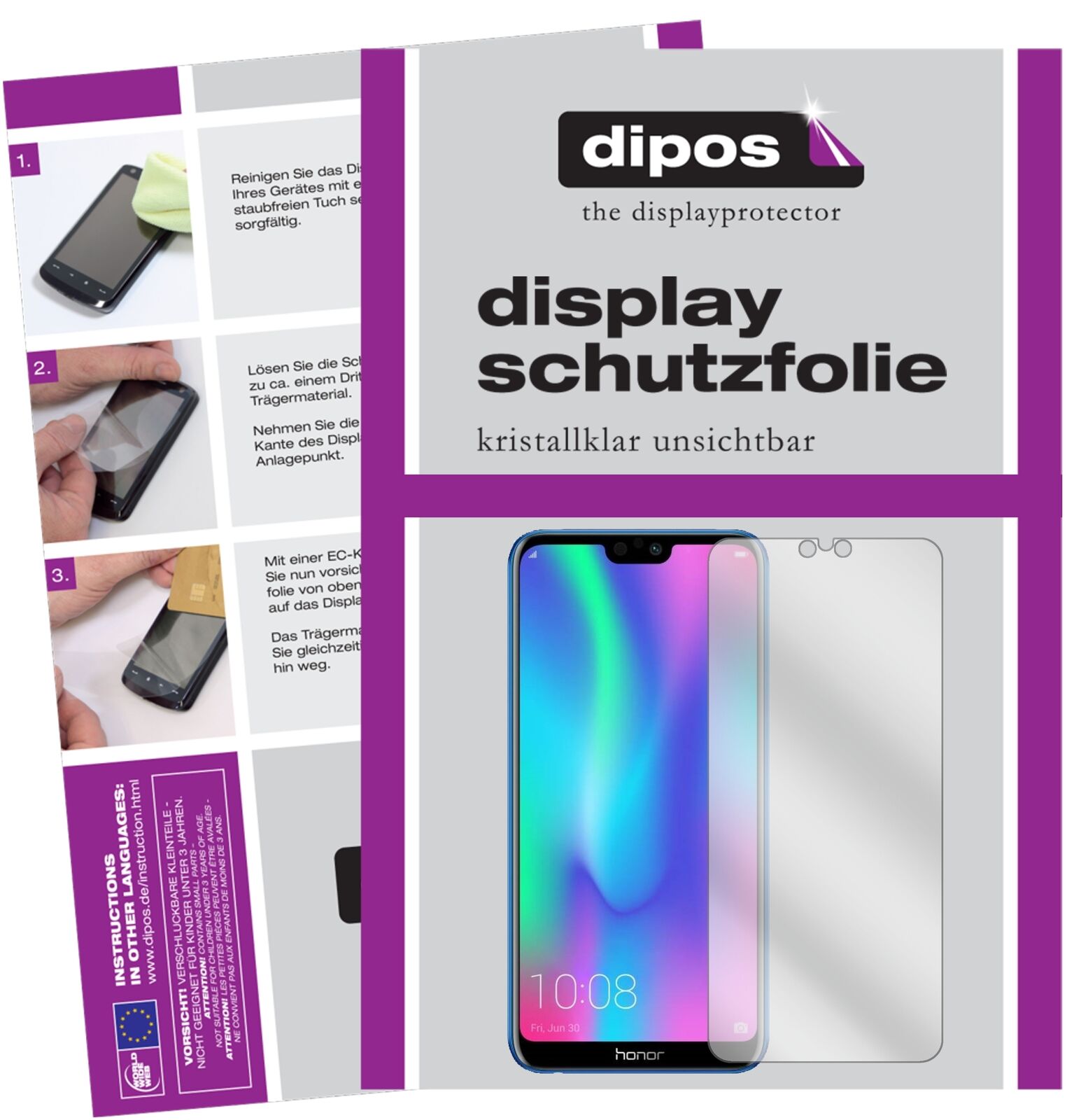 Honor9N mit aufgebrachter dipos Displayschutzfolie, glasklare Darstellung ohne Einschränkungen