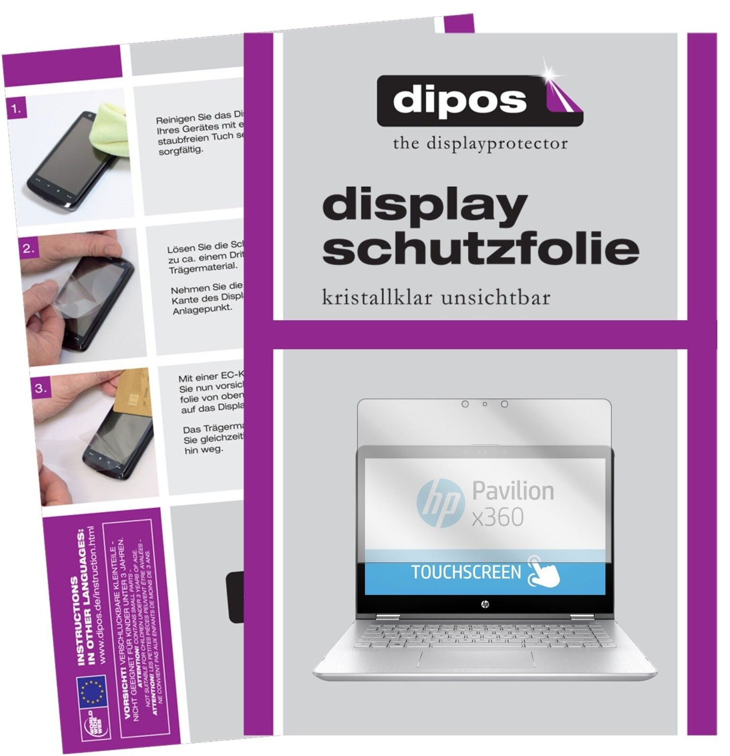 HPPavilion x360 14 ba035ng mit aufgebrachter dipos Displayschutzfolie, glasklare Darstellung ohne Einschränkungen