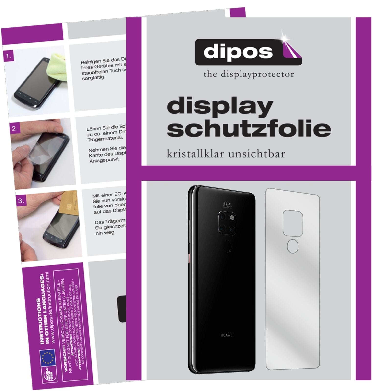 HuaweiMate 20 Rückseite mit aufgebrachter dipos Displayschutzfolie, glasklare Darstellung ohne Einschränkungen