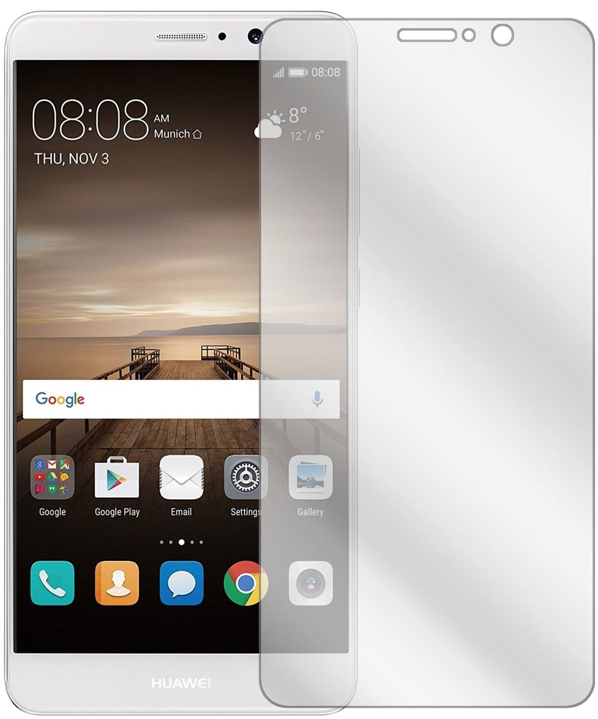 HuaweiMate 9 mit aufgebrachter dipos Displayschutzfolie, glasklare Darstellung ohne Einschränkungen
