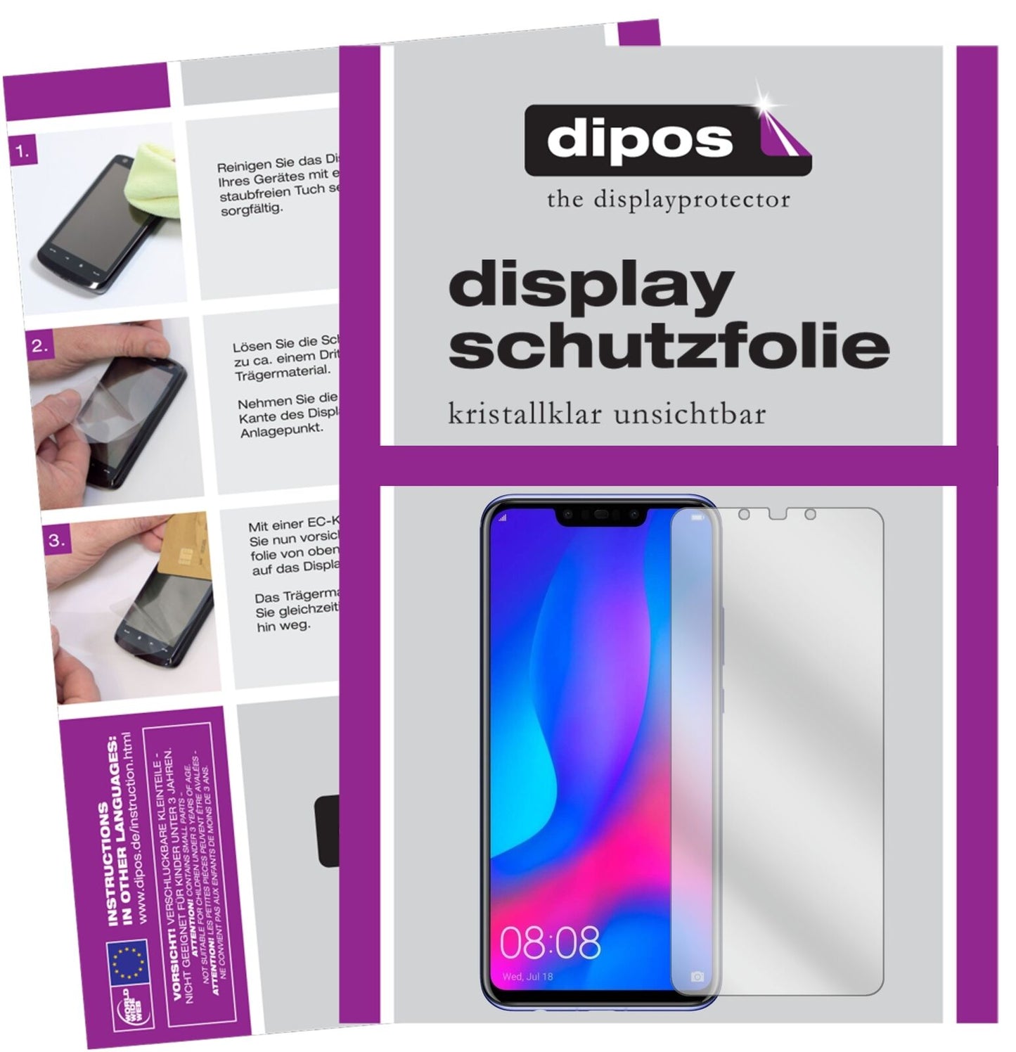 HuaweiNova 3i mit aufgebrachter dipos Displayschutzfolie, glasklare Darstellung ohne Einschränkungen