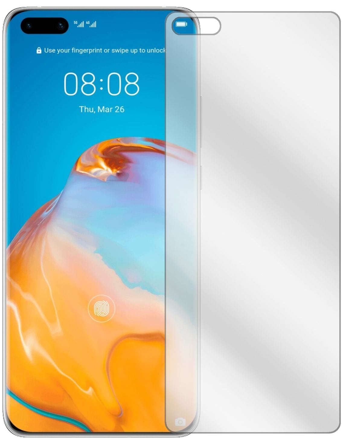 HuaweiP40 mit aufgebrachter dipos Displayschutzfolie, glasklare Darstellung ohne Einschränkungen