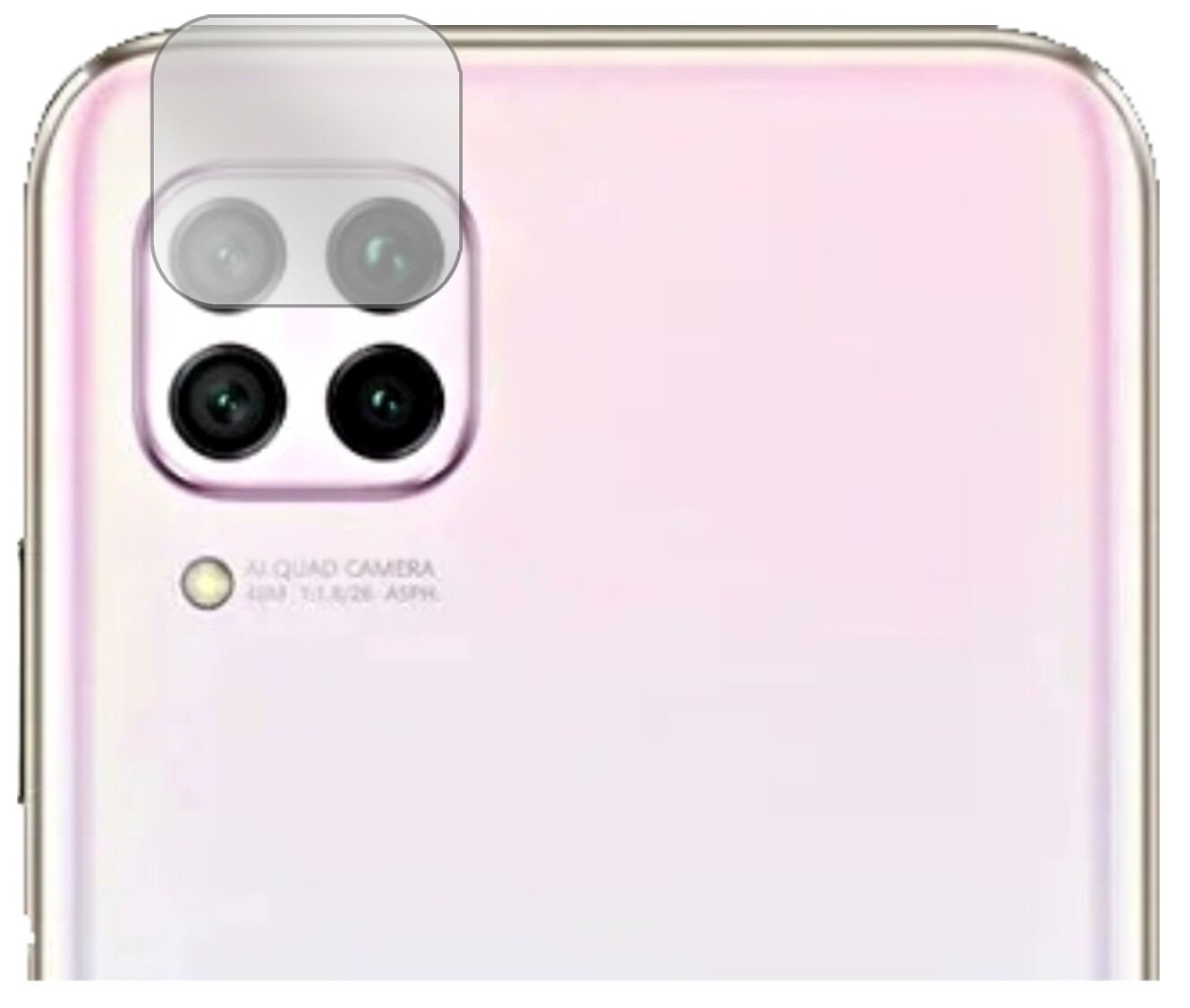HuaweiP40 Lite Kameralinse mit aufgebrachter dipos Displayschutzfolie, glasklare Darstellung ohne Einschränkungen