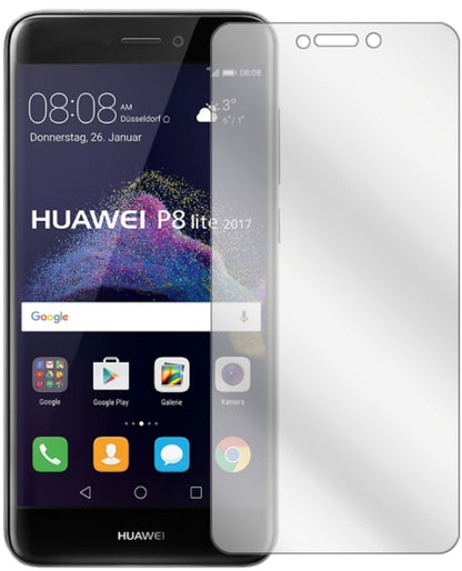 HuaweiP8 Lite2017 mit aufgebrachter dipos Displayschutzfolie, glasklare Darstellung ohne Einschränkungen
