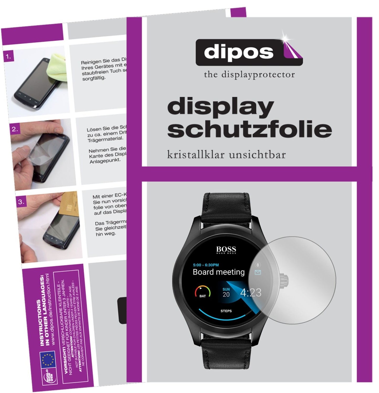 HugoBoss Touch mit aufgebrachter dipos Displayschutzfolie, glasklare Darstellung ohne Einschränkungen