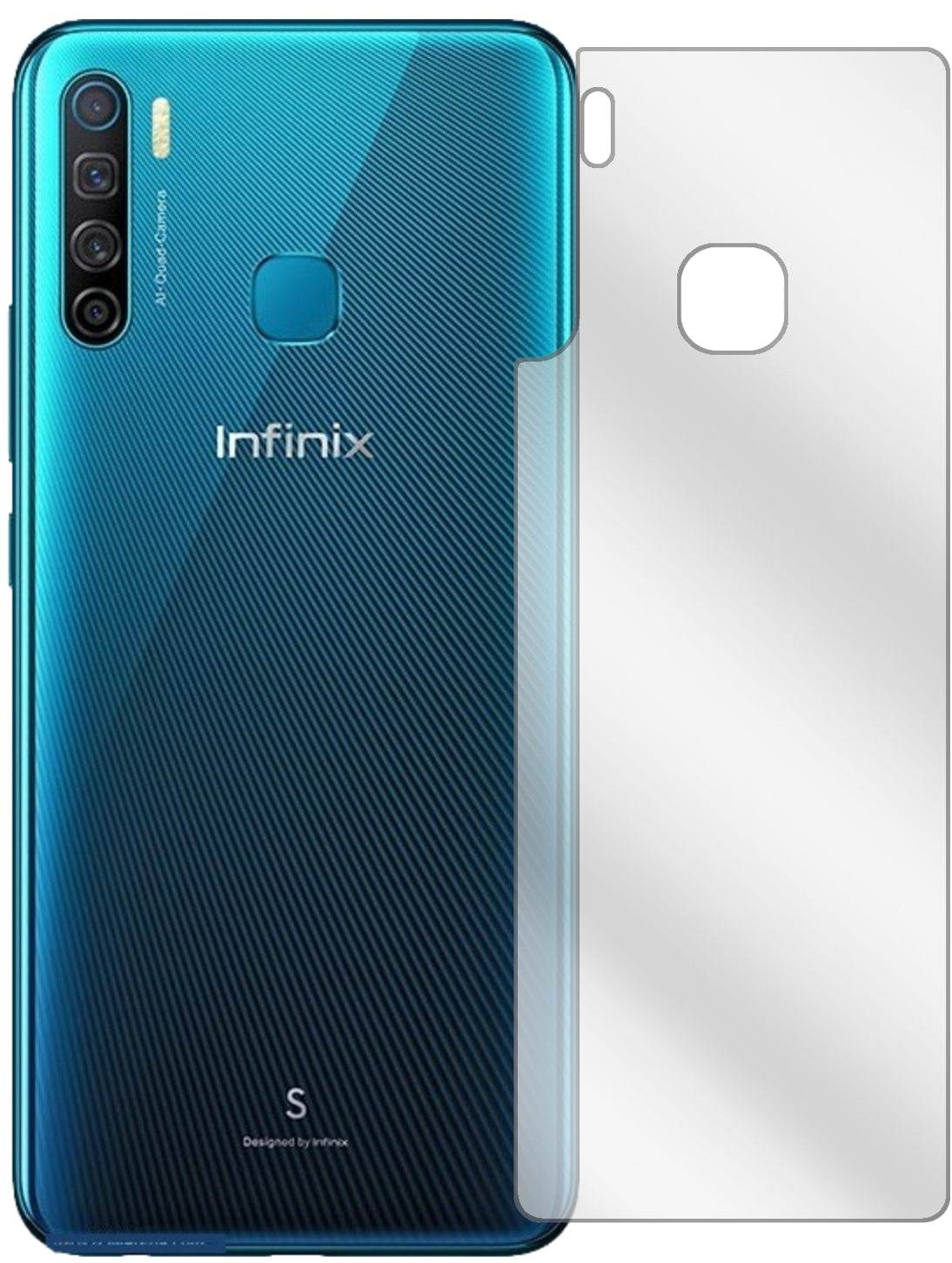 InfinixS5 Rückseite mit aufgebrachter dipos Displayschutzfolie, glasklare Darstellung ohne Einschränkungen