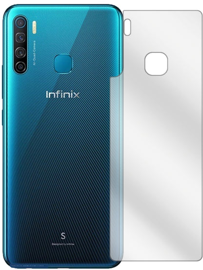 InfinixS5 Rückseite mit aufgebrachter dipos Displayschutzfolie, glasklare Darstellung ohne Einschränkungen