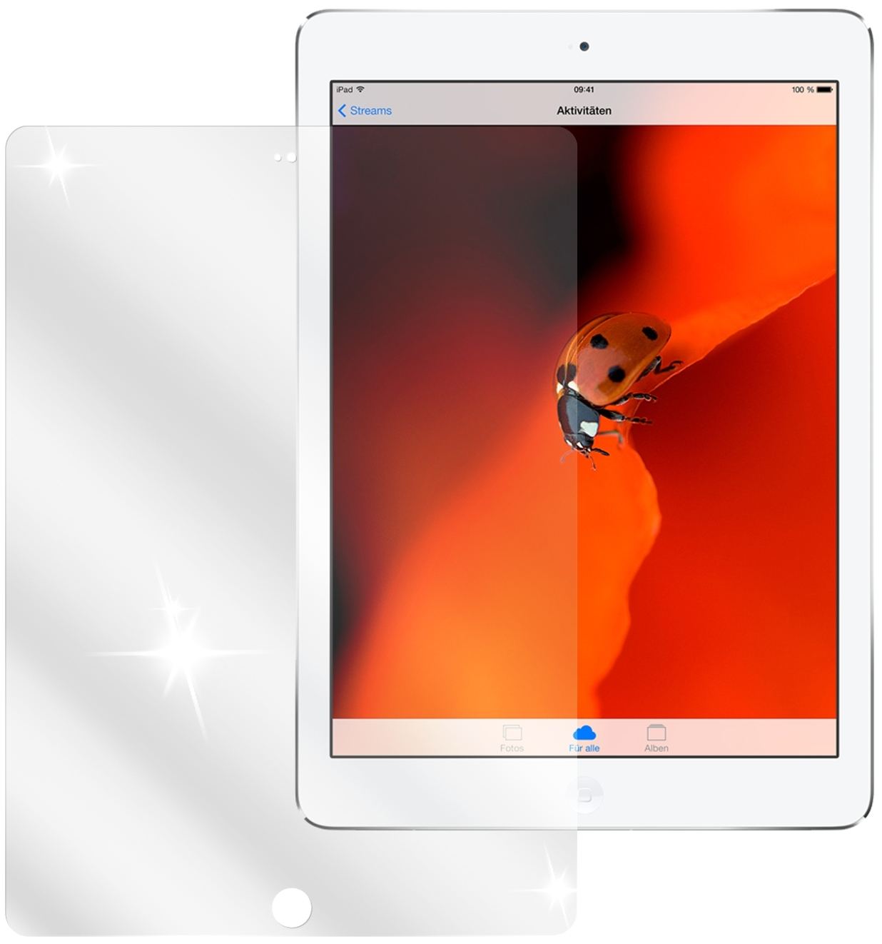 iPad AirApple mit aufgebrachter dipos Displayschutzfolie, glasklare Darstellung ohne Einschränkungen