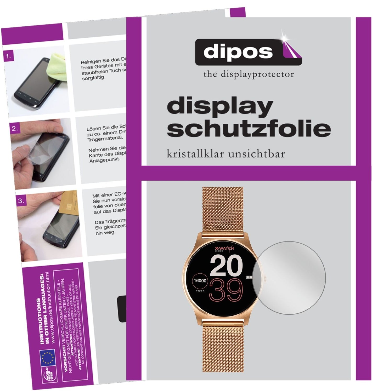 JoliXW Pro Smartwatch mit aufgebrachter dipos Displayschutzfolie, glasklare Darstellung ohne Einschränkungen