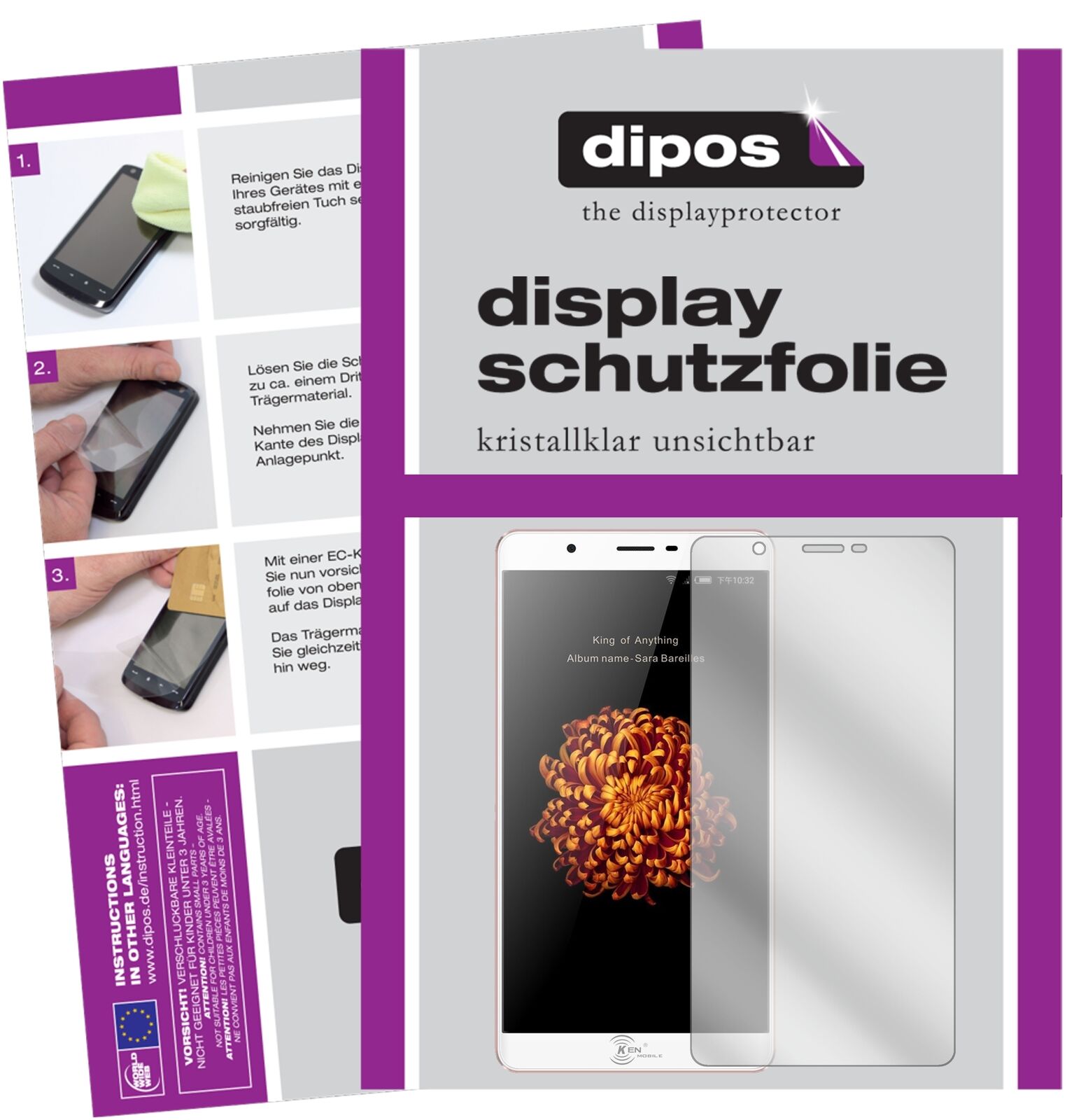 KENV9 mit aufgebrachter dipos Displayschutzfolie, glasklare Darstellung ohne Einschränkungen